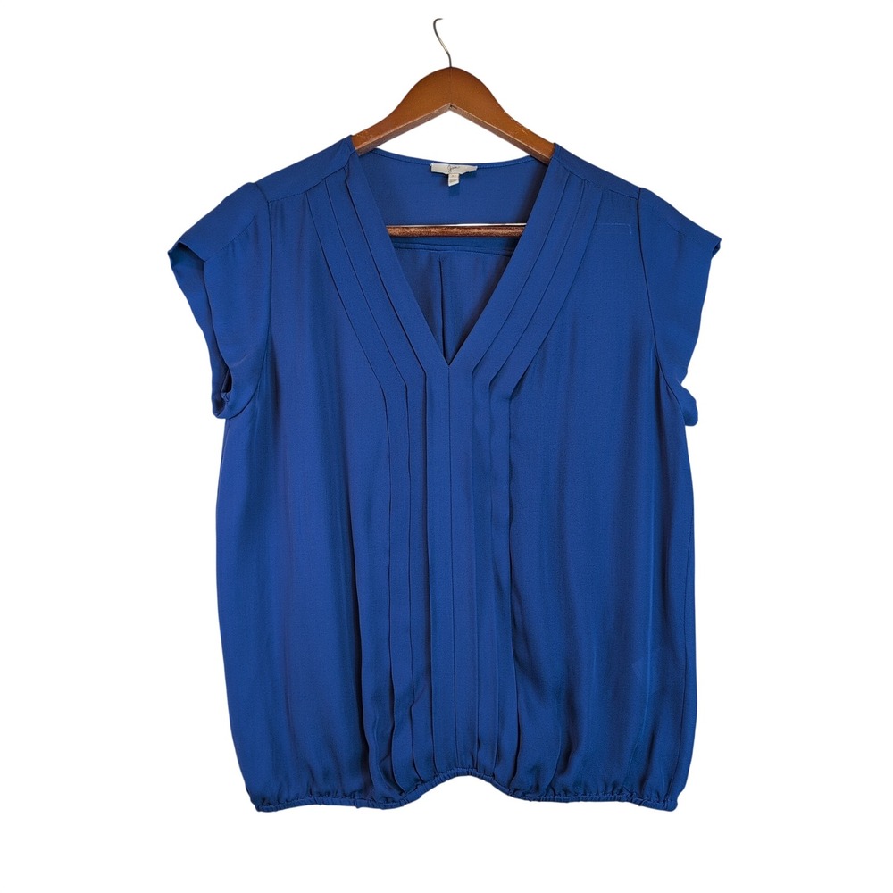 Joie Royal Blue 100% Silk Pintuck V-Neck Blouse Cap Sleeve Sz M Office Coquette